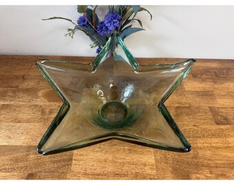 Vintage grote stervormige kunst glazen kom groene rand middelpunt MCM Decor