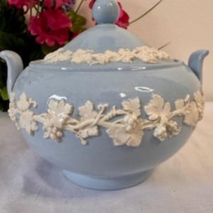 May include: A light blue ceramic sugar bowl with a lid, featuring a white grapevine design. The bowl has a rounded shape and a wide base.
