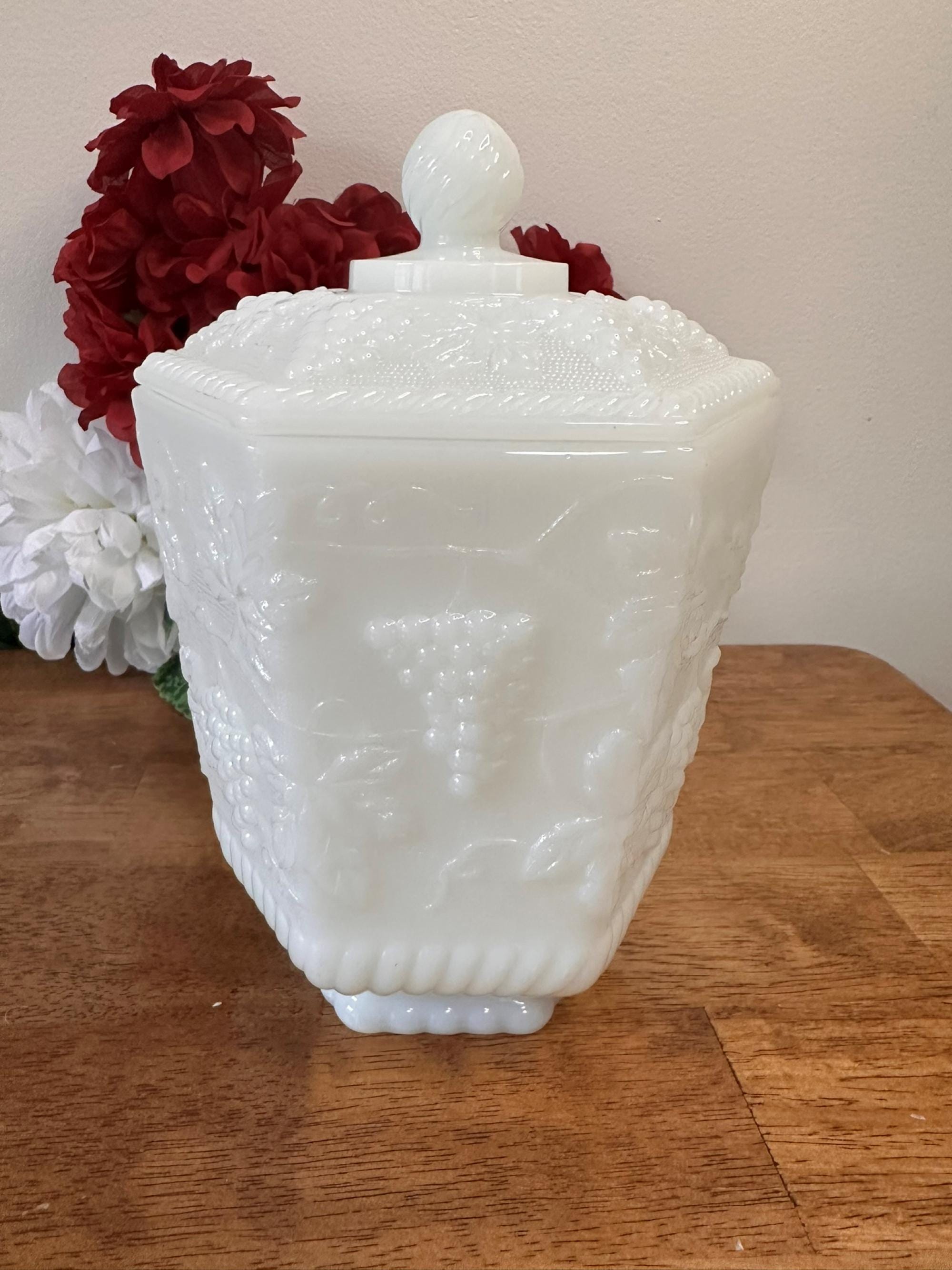 Anchor Hocking Fire King Milk Glass Grape Cookie Jar Vintage