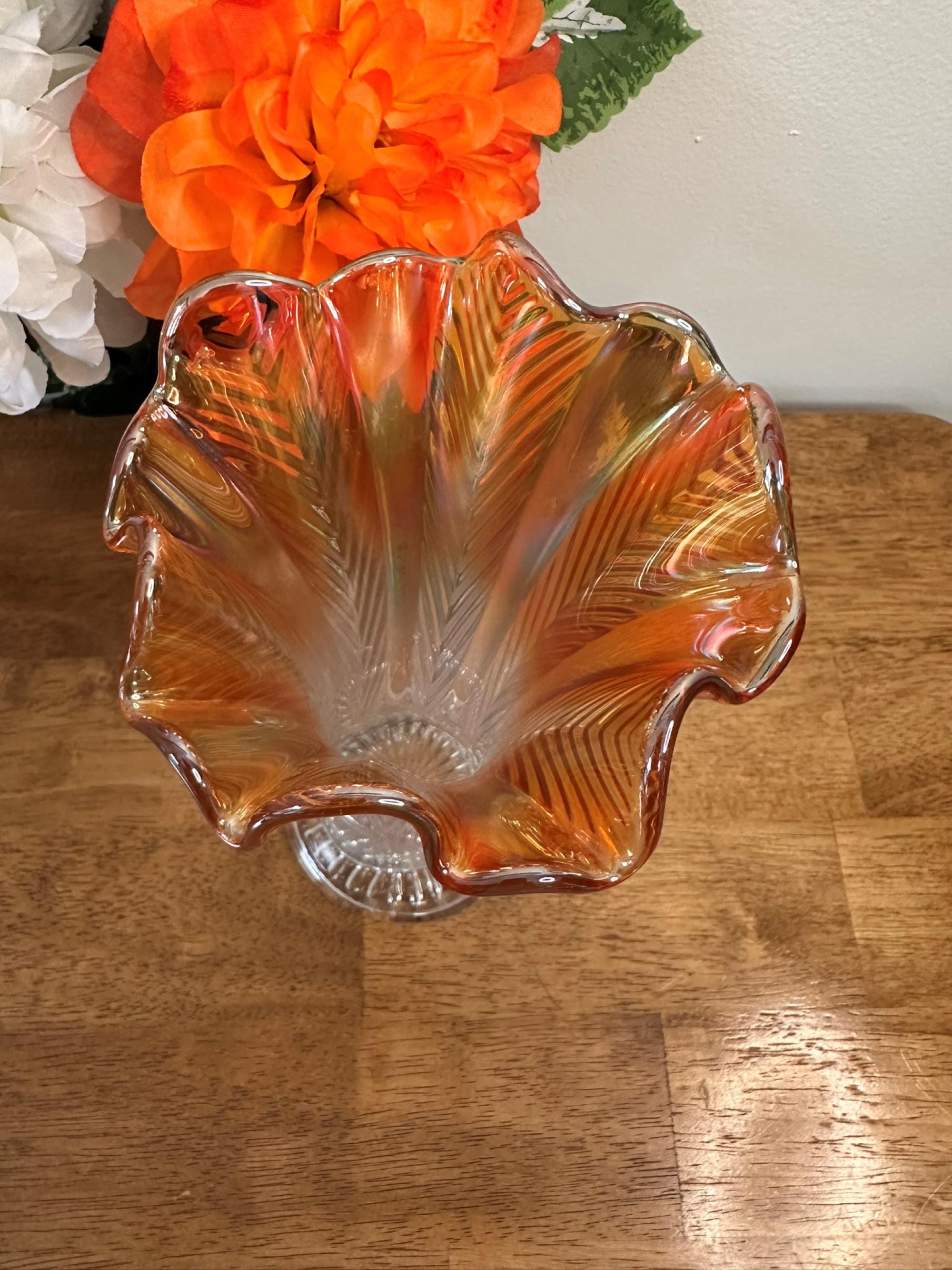 Fenton Swung Vase Marigold Carnival Glass Clear Base Vintage Art