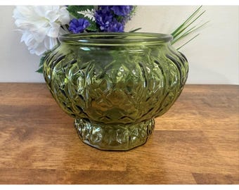 Vintage Avocado Green Glass Planter Vase Textured Diamond Pattern Bowl Retro