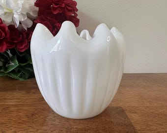 Vintage Milk Glass Fluted Bowl Ruffled Edge Vase Midcentury Wedding Decor