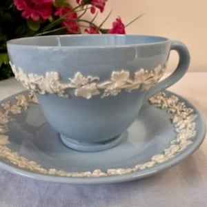 Vintage Wedgwood Jasperware Blue Teacup and Saucer – Embossed Queens Ware England