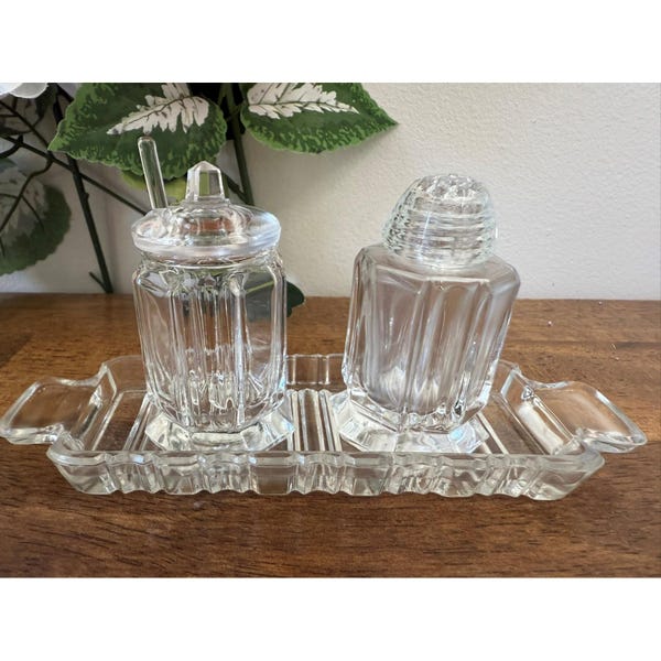 Vintage Glass Salt and Pepper Shaker Set with Matching Tray