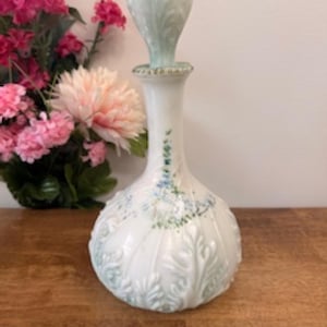 Victorian Milk Glass Decanter Hand Painted Embossed Scroll Stopper Antique Vanity Bottle