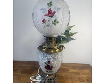 Vintage Electrified Oil Lamp Satin Glass Hand Painted Floral Hurricane Brass