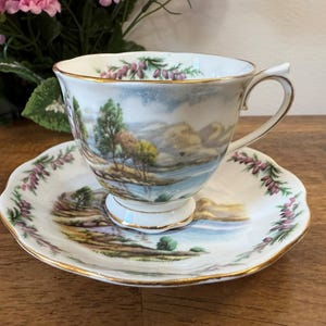 Royal Albert Road To The Isles Traditional British Songs Cup Saucer Highland Lake Pink Heather Floral Scene