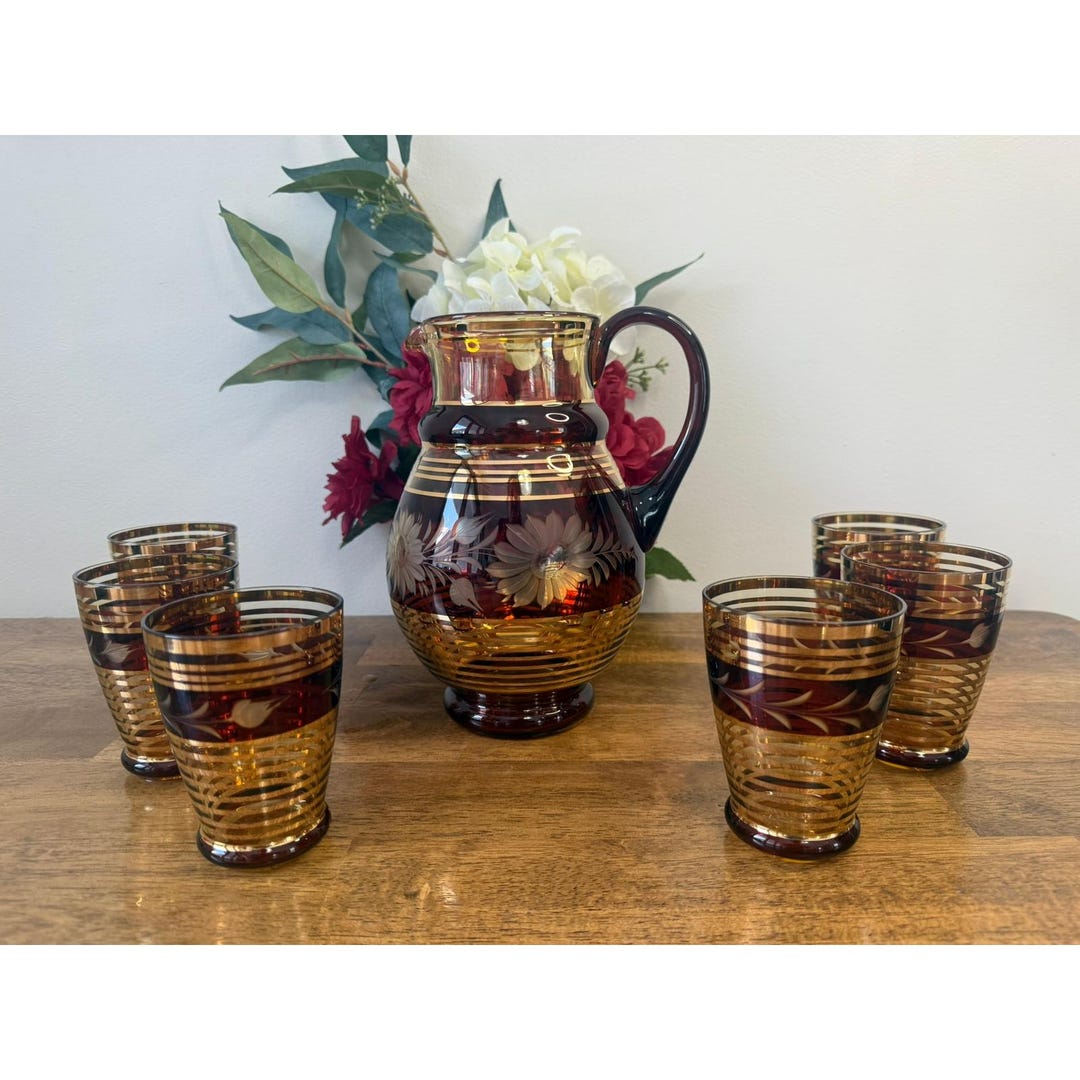 Vintage Czech Bohemian Amber Cut to Clear Crystal Pitcher Glasses