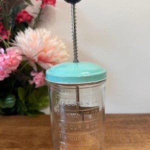 Vintage Androck Nut Chopper Glass Jar Turquoise Metal Lid Retro Kitchen Tool