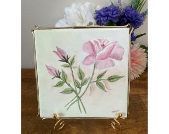 Vintage H&R Johnson England Ceramic Tile Trivet Hot Pad Pink Rose