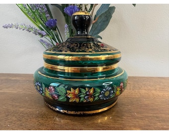 Vintage Emerald Green Bohemian Art Glass Candy Dish Gold Enamel Retro Decor