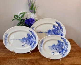 Op de afbeelding: Drie witte ovale serveerschalen met een blauw landschapsontwerp. De schalen worden gepresenteerd op goudkleurige standaards. De grootste schaal is ongeveer 40 cm lang, de middelste schaal is 30 cm lang en de kleinste is 23 cm lang. Bloemschikking op de achtergrond.