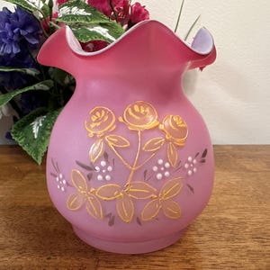 Pink Satin Glass Ruffled Vase Hand Painted Gold Florals Likely Fenton Vintage