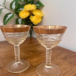 Vintage Gold Rimmed Etched Champagne Coupes – Set of 2