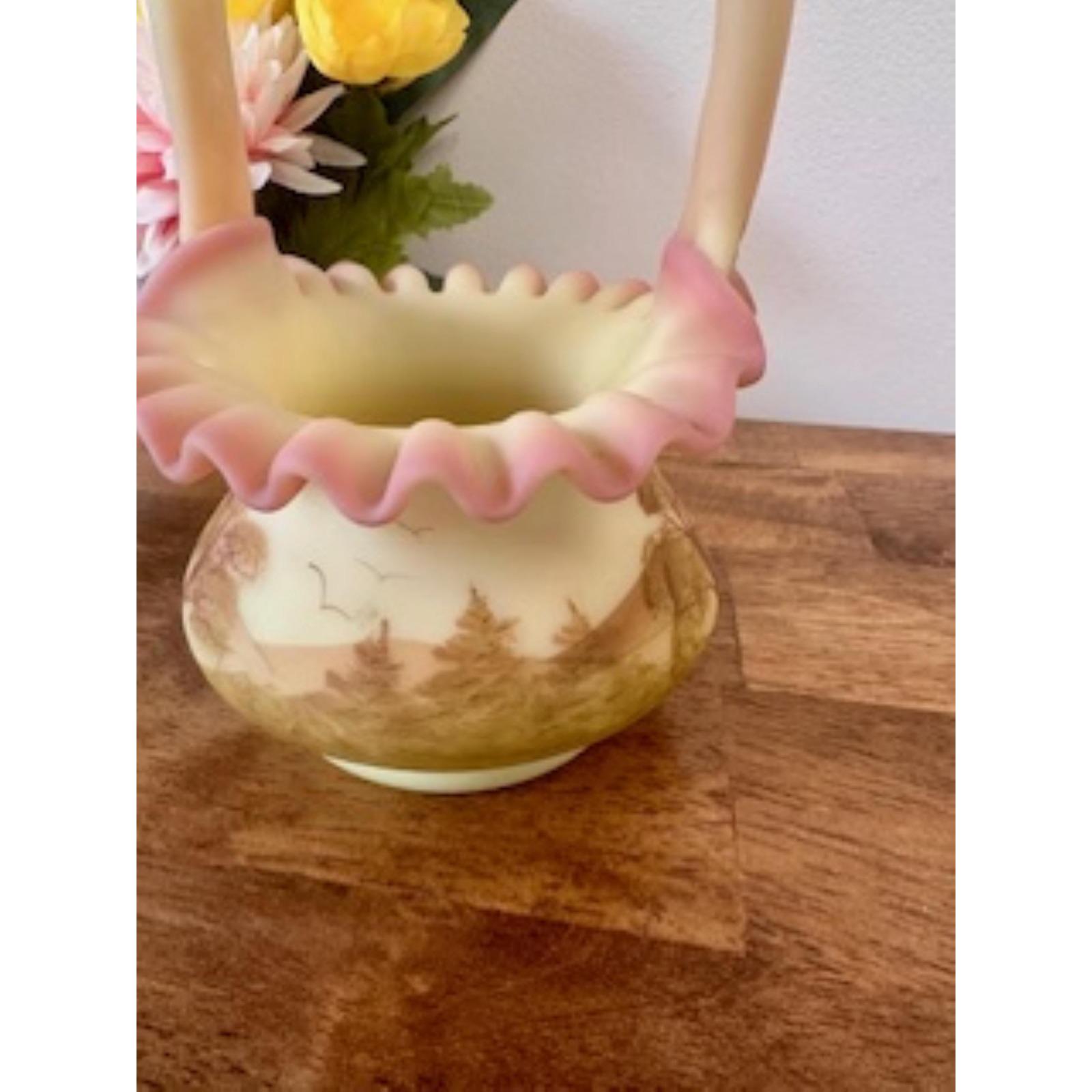 Fenton Burmese Uranium Glass Basket Signed Kay Davis Hand Painted