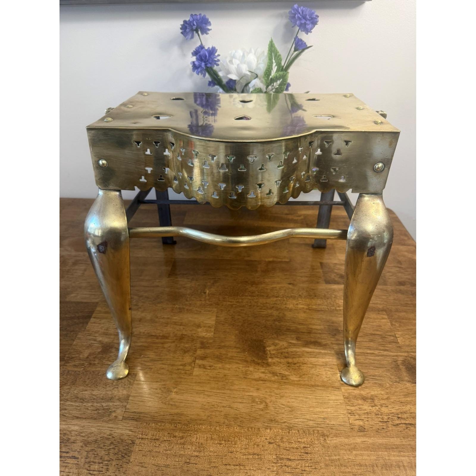 Antique Brass Iron Footman Trivet Fireplace Shelf Pierced Heart