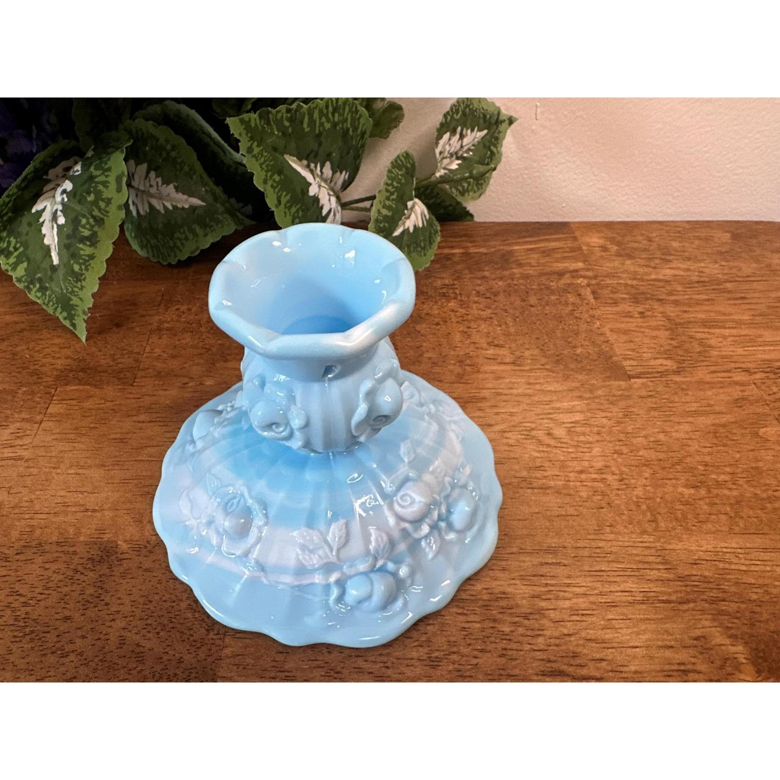 Vintage Blue White Slag Glass Candle Holder Cabbage Rose Ruffled