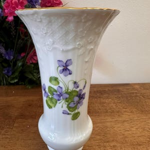 Kaiser West Germany Viola Porcelain Vase Purple Violets Embossed Floral Gold Rim