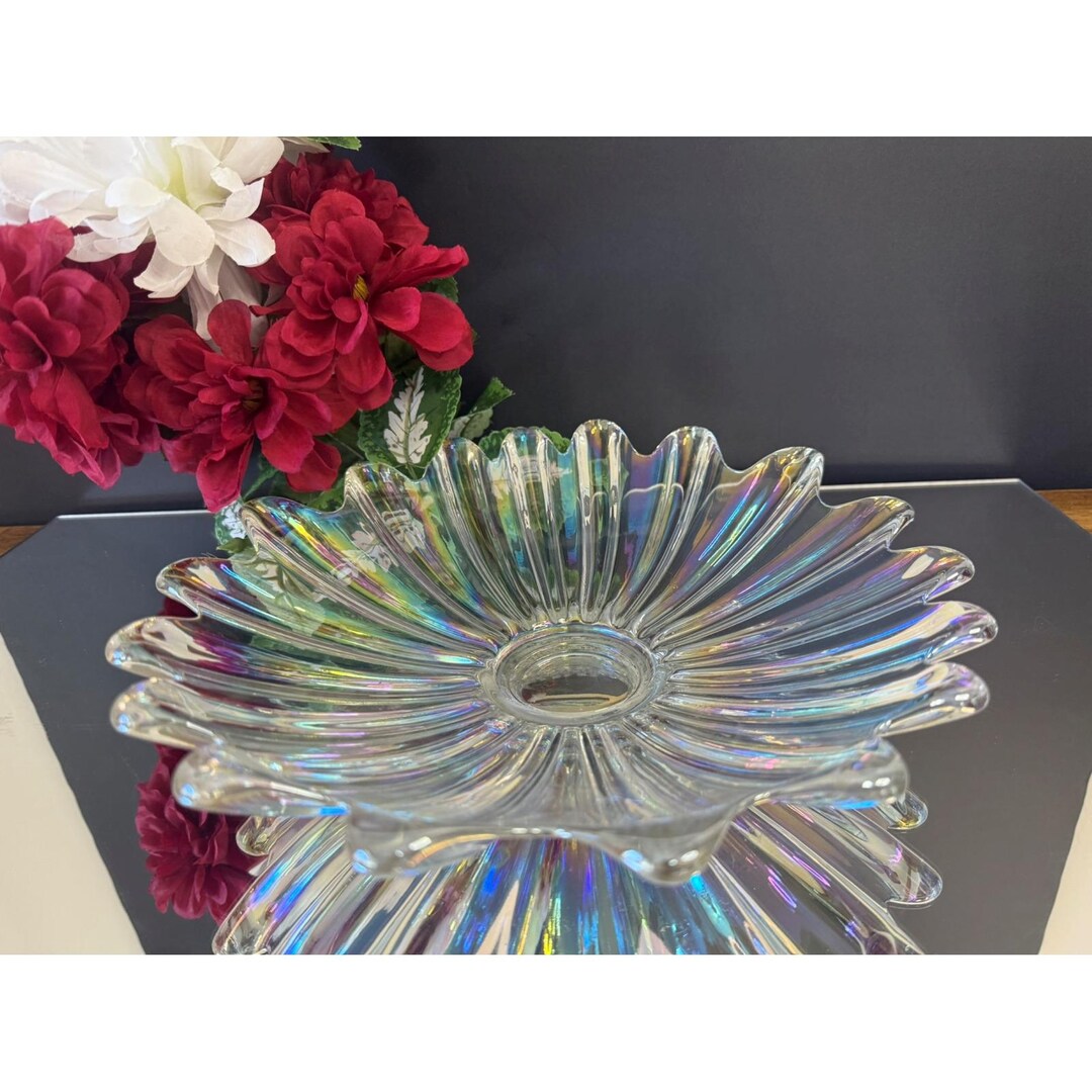 Vintage Iridescent Fluted Glass Bowl Daisy Petal Rainbow Carnival Style ...
