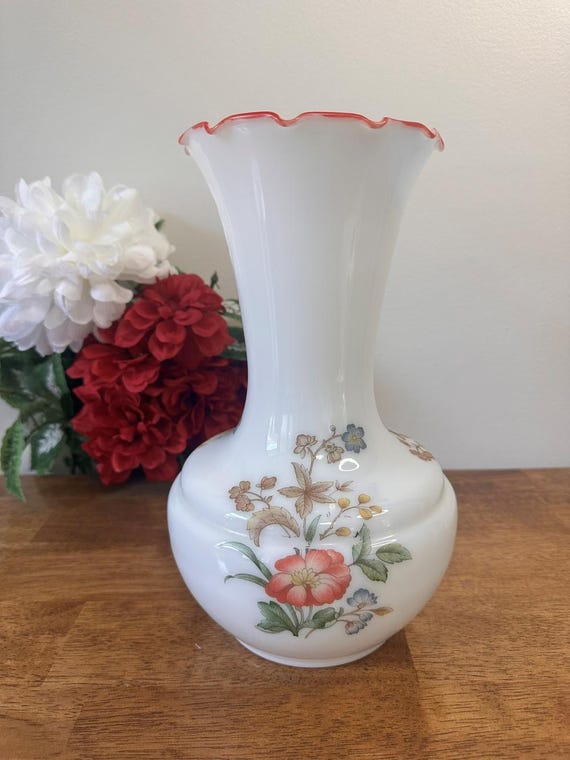 Vintage Bristol Glass Vase Red Ruffled Edge Floral Transfer MCM