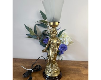 Vintage gouden Cherub tafellamp matglazen kap Hollywood Regency