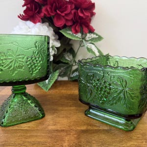 Vintage Indiana Glass Harvest Grape Green Compote and Candy Dish Pressed Glass Pair