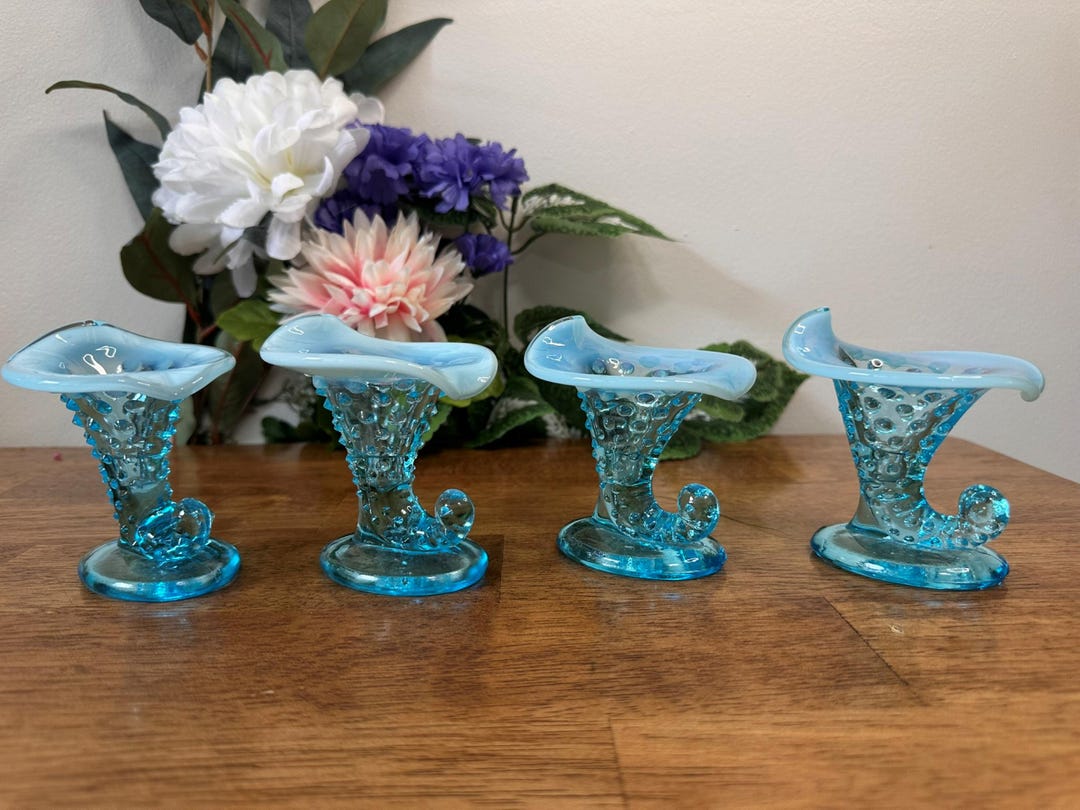 Fenton Blue Opalescent Hobnail Cornucopia Vases Set Horn of Plenty