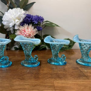 Fenton Blue Opalescent Hobnail Cornucopia Vases Set Horn of Plenty