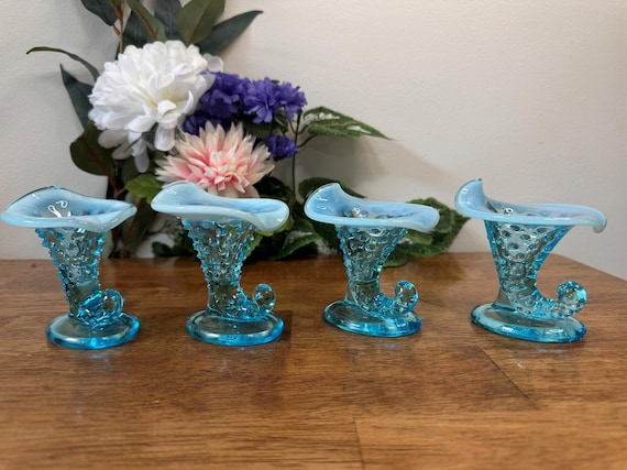 Fenton Blue Opalescent Hobnail Cornucopia Vases Set Horn of Plenty