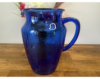 Rare Vintage Hazel Atlas Royal Lace Cobalt Blue Pitcher 64 Oz