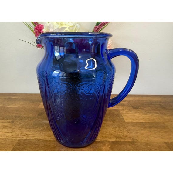 Rare Vintage Hazel Atlas Royal Lace Cobalt Blue Pitcher 64 Oz