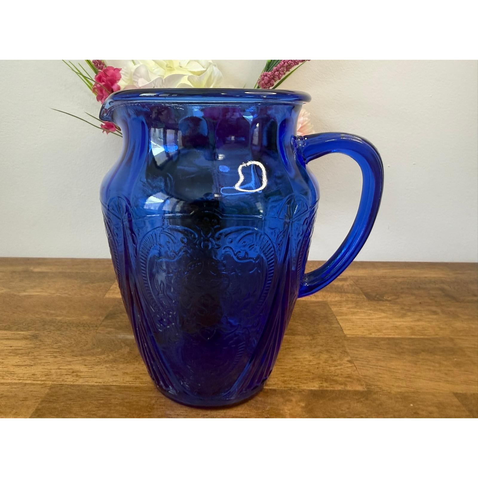 Rare Vintage Hazel Atlas Royal Lace Cobalt Blue Pitcher 64 Oz