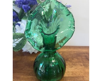 1960's　レトロ　ポップ　グリーン　フラワー　バブル　ポール　ラック Vintage Green Jack-in-the-pulpit Glass Vase Hand-blown Ruffled Rim