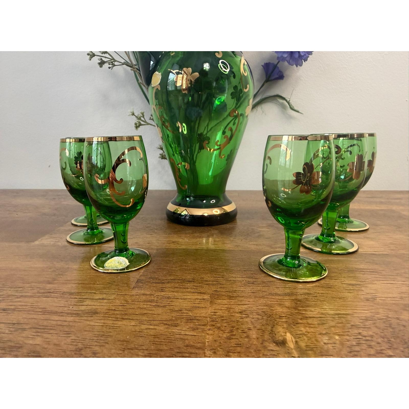Vintage Bohemia Czech Emerald Green Glass Decanter Set Gold Gilt