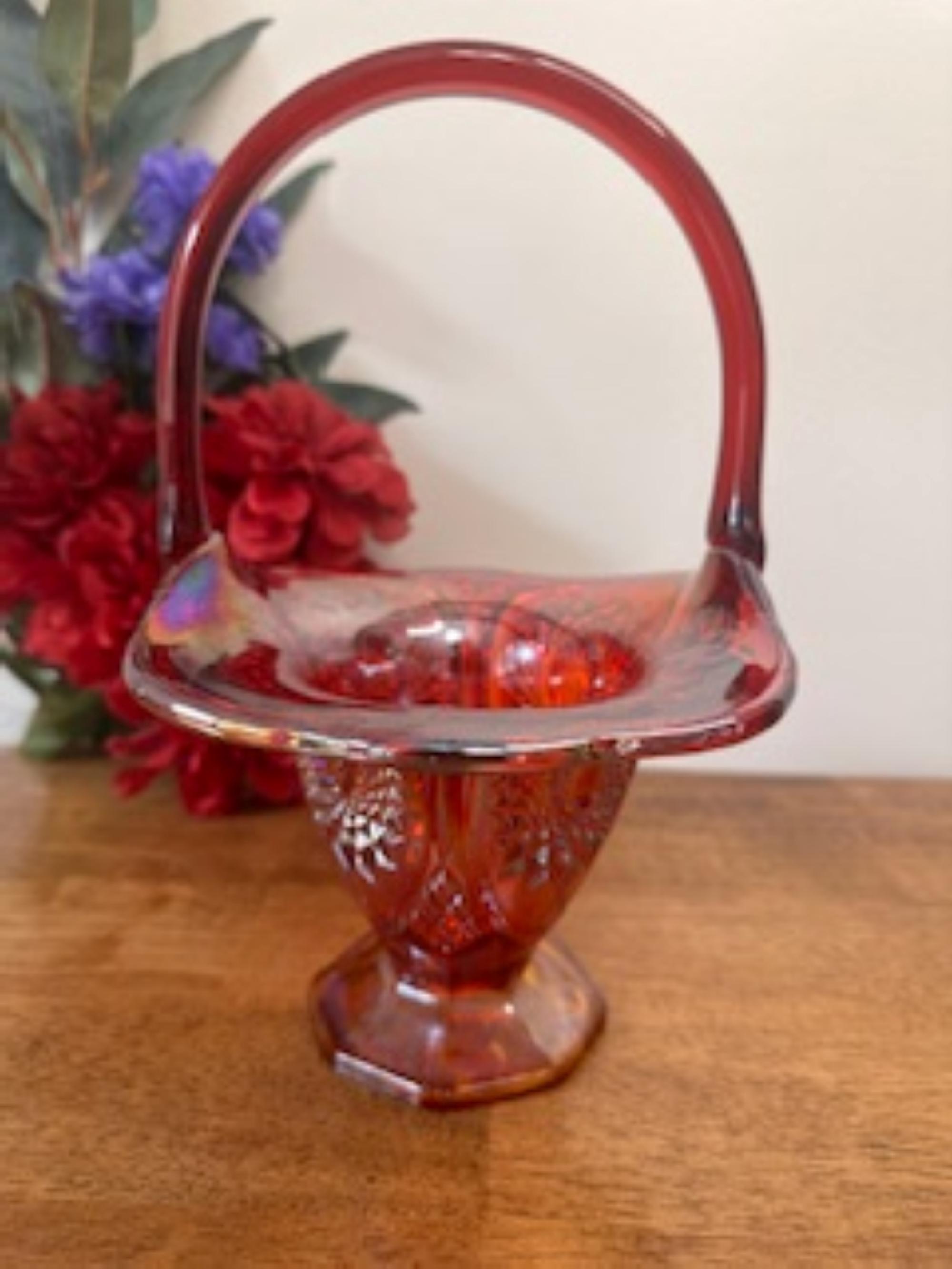 Indiana Glass Ruby Red Carnival Glass Basket Vintage Diamond Point