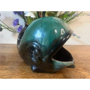 Vintage Whale Planter Vase Teal Green Ceramic Pottery Nautical Coastal Decor