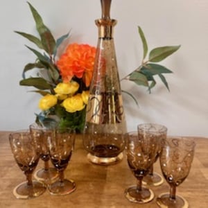 Bohemia Crystal Decanter Set Czechoslovakia – Vintage Amber Glass with Gold Trim