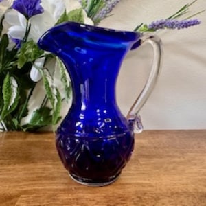 Cobalt Blue Glass Pitcher Vintage Pressed Glass Jug with Clear Handle Retro Barware Decor