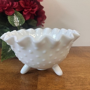 Vintage Fenton Hobnail Milk Glass Bowl Ruffled Edge Tripod Footed Dish White Opalescent Wedding Decor