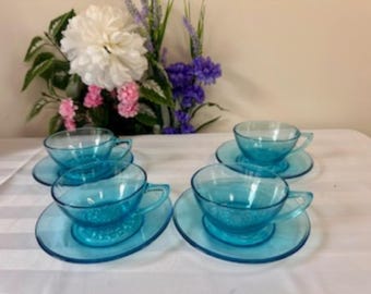 Hazel Atlas Turquoise Blue Glass Cup and Saucer Set – Vintage Depression Glass Teacups