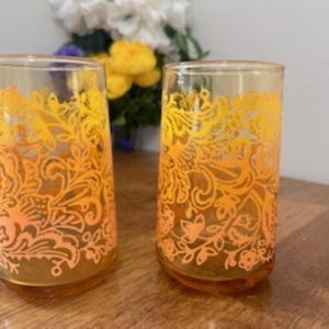 Vintage Libbey Amber Ombre Floral Paisley Gläser Set mit 2 Mid-Century Saft oder Cocktail Gläsern 10 Unzen Retro Barware