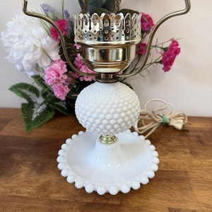 Vintage Milk Glass Table Lamp Beaded Pattern Pedestal Base Mid-Century Cottage