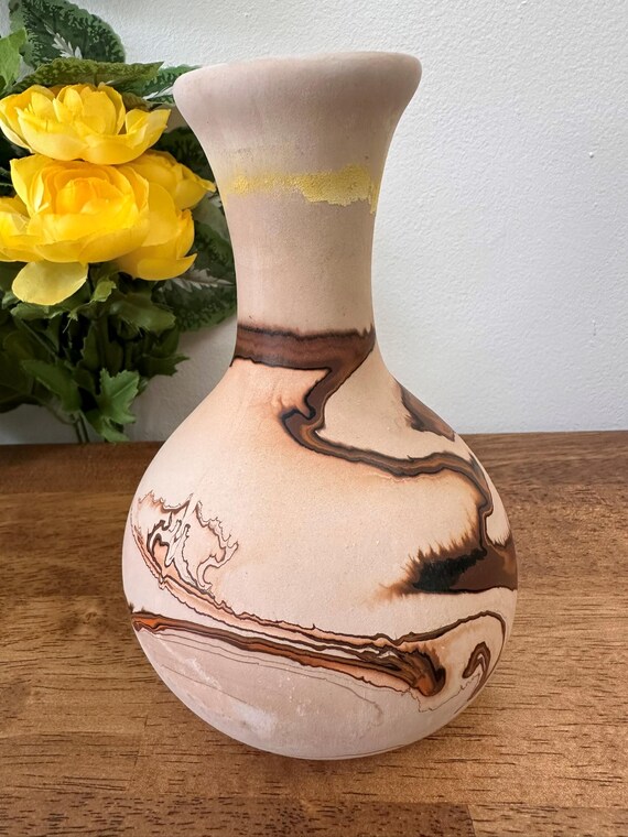 Vintage Nemadji Pottery Vase Marbled Clay Swirl Earth Tones Hand