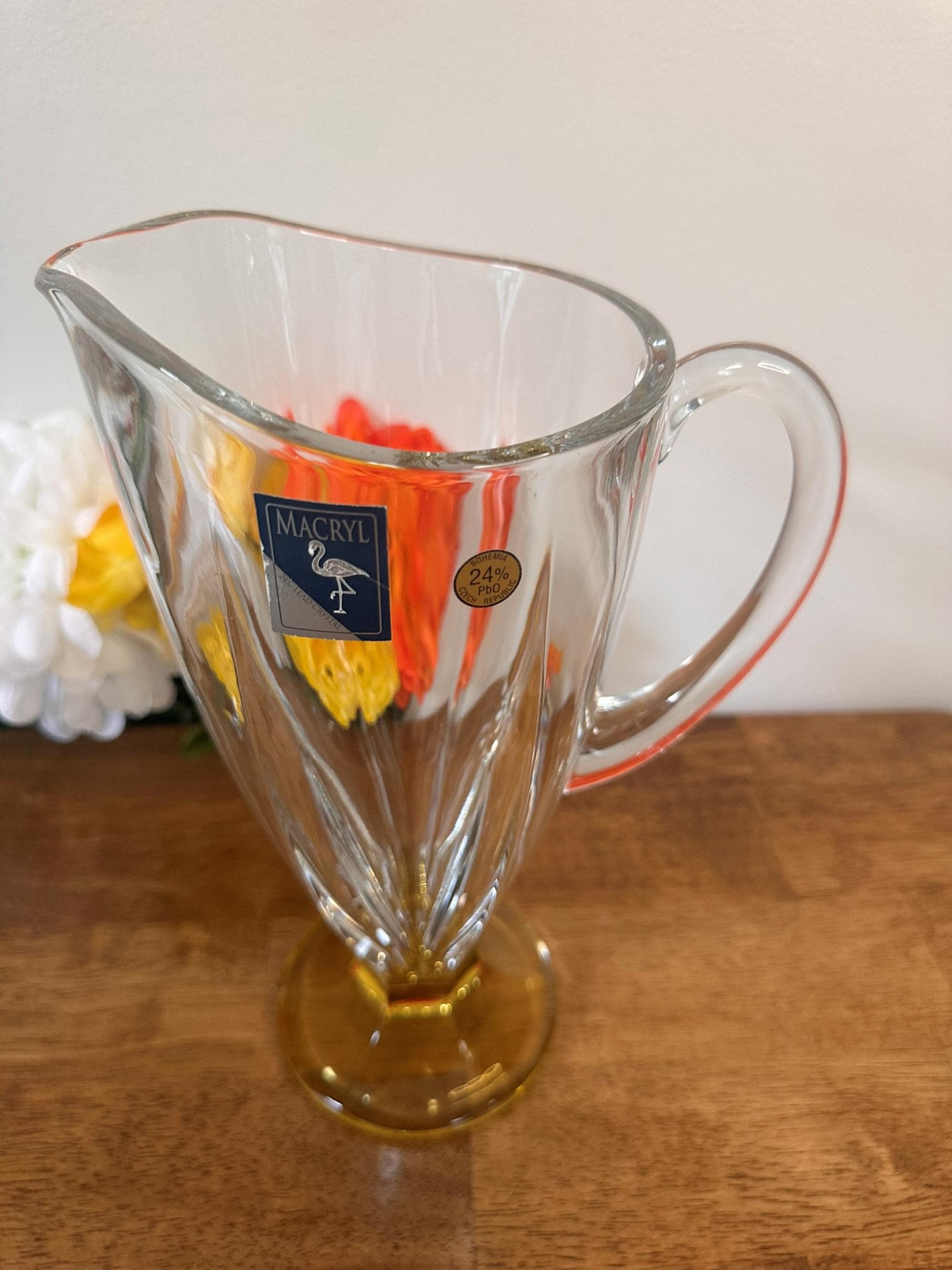 Macryl Bohemia Crystal Pitcher 24% Lead Czech Glass Vintage Yellow