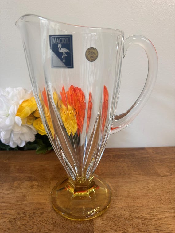 Macryl Bohemia Crystal Pitcher 24% Lead Czech Glass Vintage Yellow