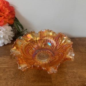 Vintage Imperial Carnival Glass Ruffled Marigold Bowl Iridescent Decorative Centerpiece Dish