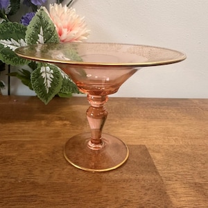 Vintage Pink Depression Glass Compote Gold Etched Pedestal Dish Elegant 1930s Candy Bowl