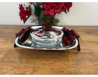 Vintage Gourmates Glo-Hill Canada Atomic Covered Dish Chrome Tray Ruby Red MCM