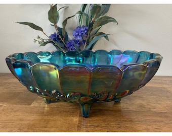 Bol de cristal Indiana Glass Harvest Grape Carnival azul púrpura iridiscente con base