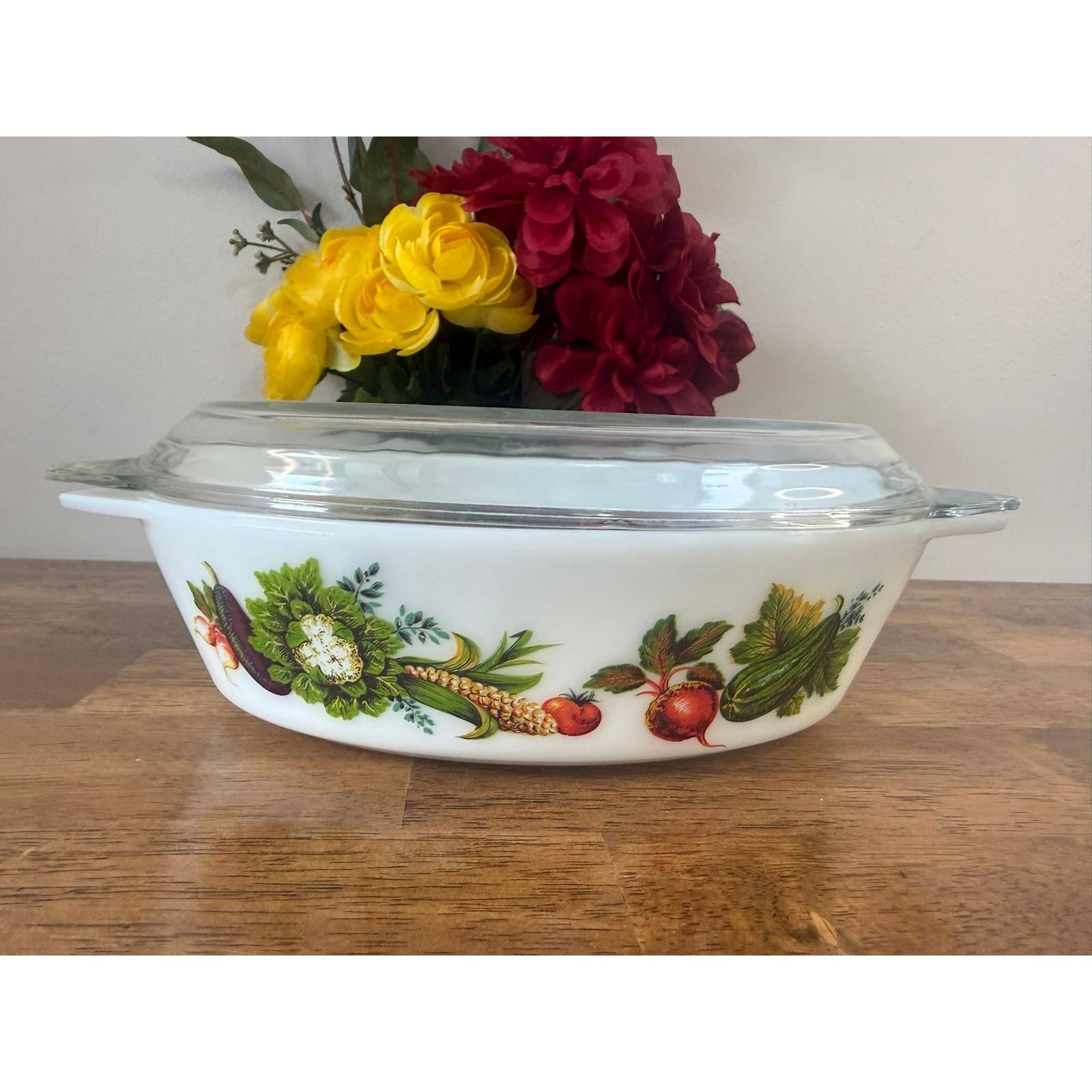 Vintage JAJ Pyrex Market Garden Casserole Dish Lid Milk Glass